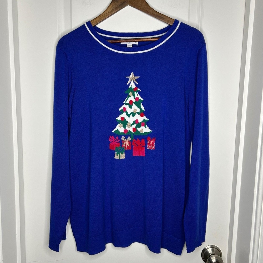 Kim Rogers Blue Christmas Tree Gift Sweater Women's Size M Long Sleeve